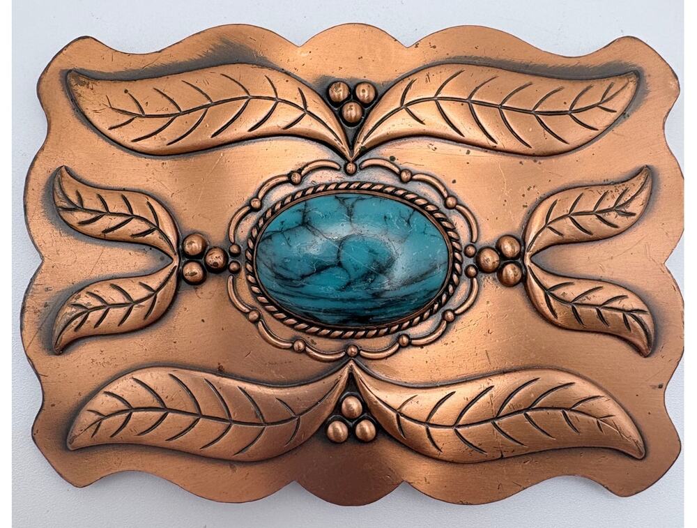 Bell Trading Post Solid Copper Belt Buckle With Turquoise Colored Center Stone